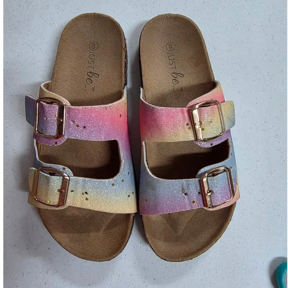 Just Be Rainbow Glitter Star Slides Sandals Size 6 Cork Footbed Buckle